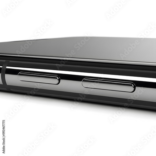 A close-up view of a sleek electronic device's edge showcasing metallic buttons and a glossy surface, highlighting modern technology.