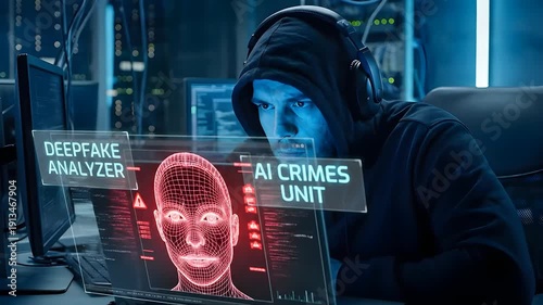 Man in dark hoodie wearing headphones intently analyzes digital holographic interface displaying deepfake analysis and AI crimes unit data in a dimly lit server room with blue ambient lighting