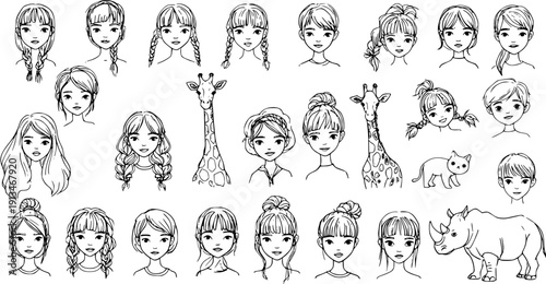 Cute cartoon girls' faces with diverse hairstyles and animal illustrations like giraffes, cat, rhino. Hand-drawn black and white line art vector set.