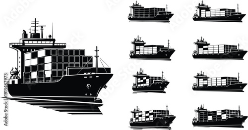 Collection of black container ship silhouettes, large cargo vessel vector illustration isolated on white background, sea transport logistic and freight shipping icon