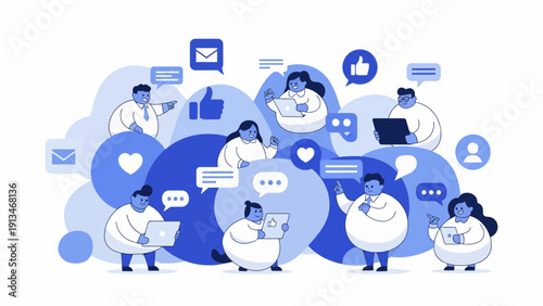 People Engaging with Laptops and Tablets in a Vibrant Social Media Illustration on a Clean Neutral Background