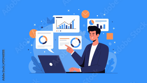 Man in Suit Navigates Data Analytics on Laptop Amidst Floating Charts and Graphs, Viewed from Right Side