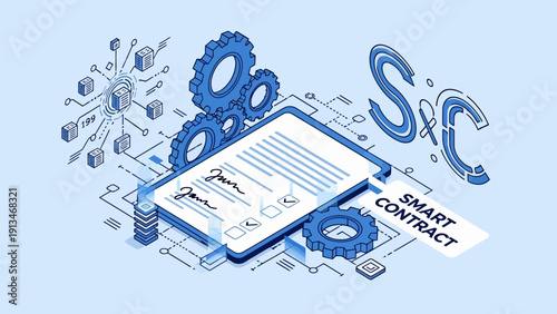 Illustrated Smart Contract Design Showcased with Central Document, Blue Gears, Circuit Background, and Iconic Elements