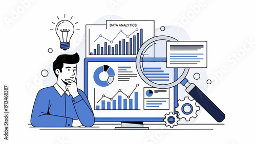 Man Engages in Analysis with Chart, Idea, Gear, Lightbulb, and Magnifying Tools Illustration in a Minimalist Classroom Viewpoint