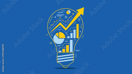 Lightbulb with Bar, Pie, Line Graphs and Charts and Upward Arrow, Centered on Blue Background Creative Innovation