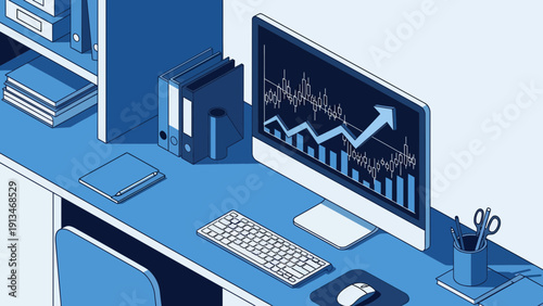 Front view of a bright blue 3D office desk with a computer monitor, keyboard, and graph, paper stack, and office supplies in a professional workspace.
