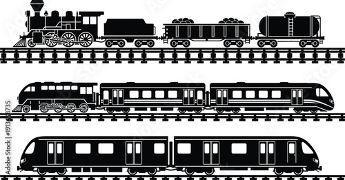 Collection of detailed steam freight train, classic passenger locomotive and modern metro transport silhouettes on railway tracks, high-quality black vector illustration for design projects