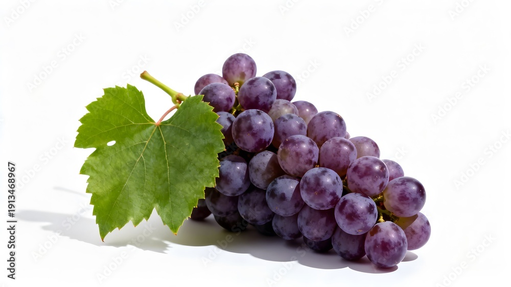 Fototapeta premium Fresh Bunch of Ripe Purple Grapes with Green Leaf Isolated on White
