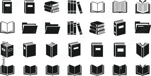 Collection of diverse book and folder icon silhouettes for educational, library, and publishing themes, detailed vector illustration set for digital design