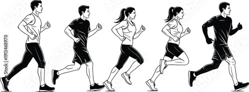 Collection of diverse men and women running in various action poses, different running styles of joggers and athletes, black and white vector illustration, isolated on white background.