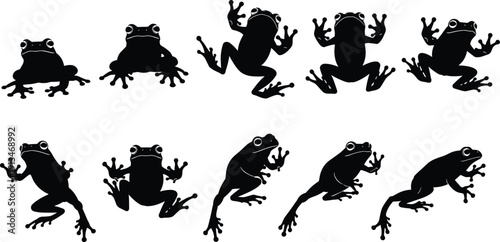 WebCollection of dynamic frog silhouette vector illustrations showing various jumping, sitting, and climbing poses, perfect for wildlife designs, educational graphics, nature themes, a