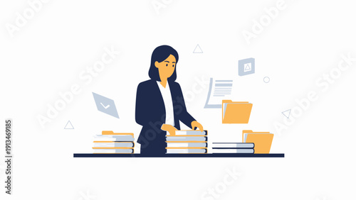 Businesswoman organizing documents and files, working at desk with laptop and folders