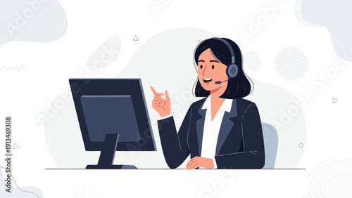 Customer service representative with headset at computer, helpful support agent