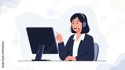 Customer Service Representative with Headset Working on Computer