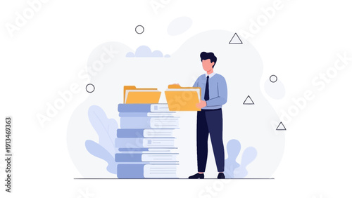 Man organizing files in office, stack of documents, business concept illustration