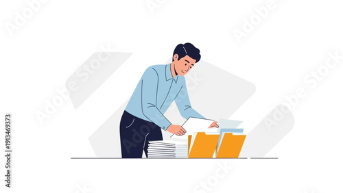 Man Organizing Paperwork in Folders, Business Workflow Illustration