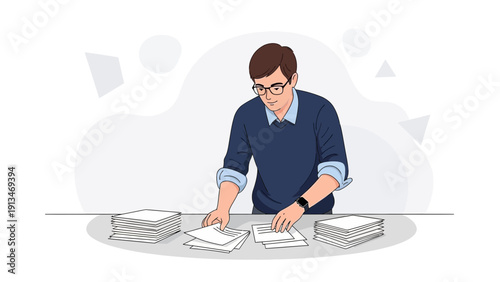 Man Organizing Paperwork on Desk, Business Workflow Illustration