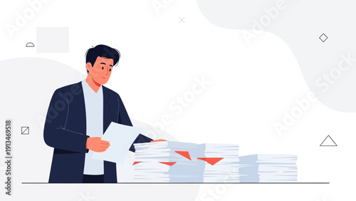 Overwhelmed businessman with stacks of papers, office workload concept