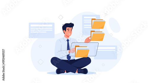 Man Organizing Digital Files on Laptop, Business Data Management Concept