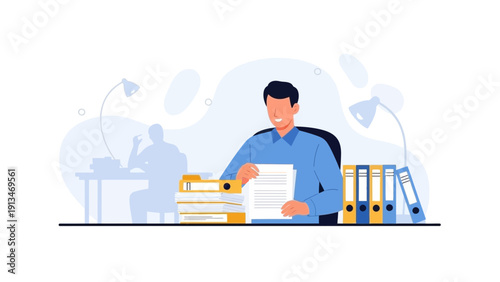 Smiling Businessman Working at Desk with Files and Folders