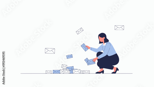 Woman sorting mail, envelopes scattered, communication concept
