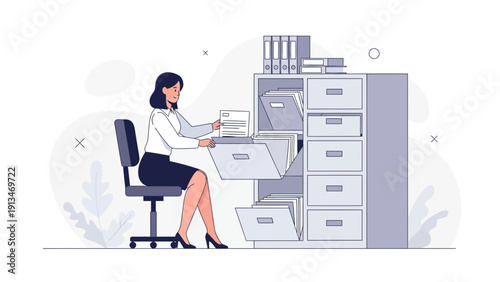 Woman Organizing Files in Office Filing Cabinet, Business Documentation