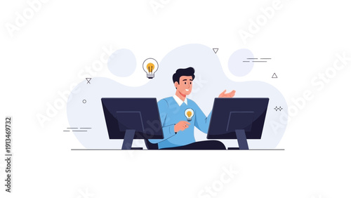 Man with Idea Bulb at Computer, Business Innovation Concept