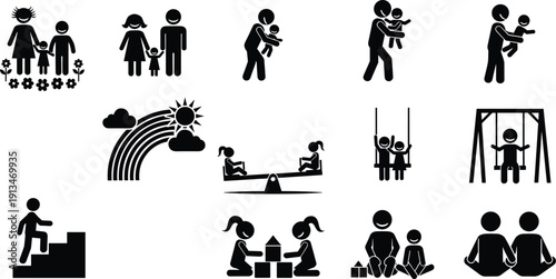 Family and playground icon set featuring parents, children, rainbow, seesaw, swing, and park activities in black silhouette vector illustration style.