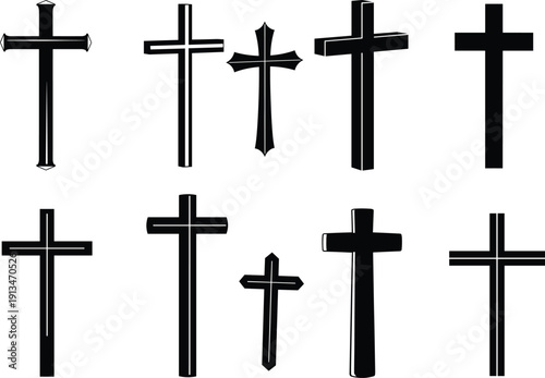 Christian cross symbols vector set, black and white religious icons, faith and hope illustration, church design elements, spiritual sign collection