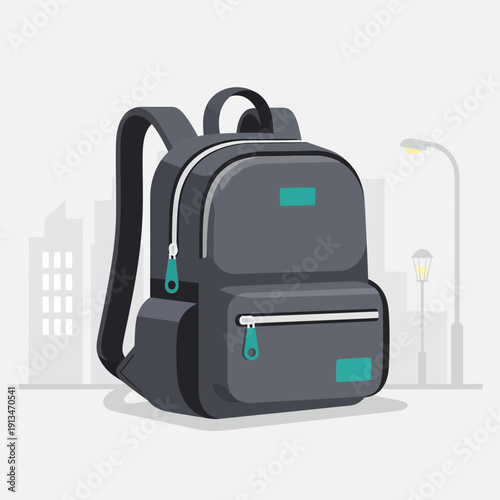 Gray backpack with city background, streetlights and buildings illustration