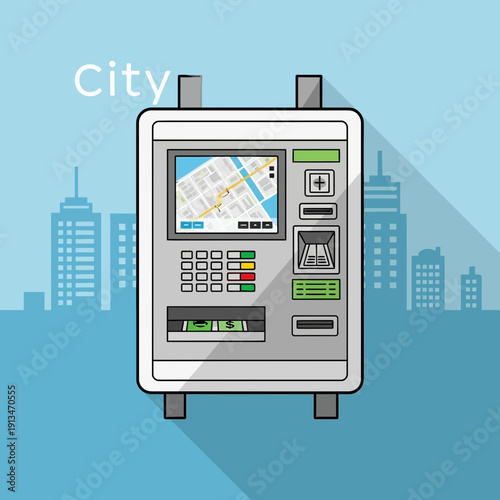 Modern ATM machine in city skyline background, financial services, urban finance