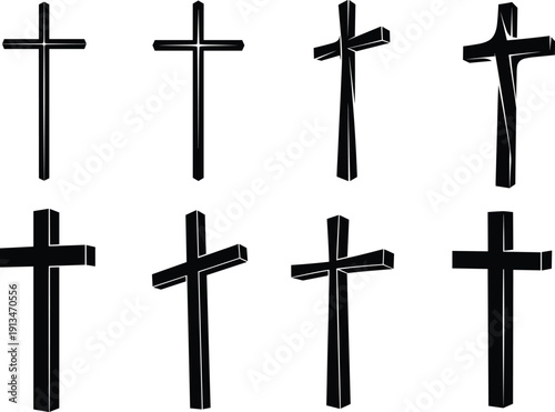 Christian cross vector set, religious faith symbol illustration, black crucifix collection, spiritual design elements for church, belief, religion, and worship concepts