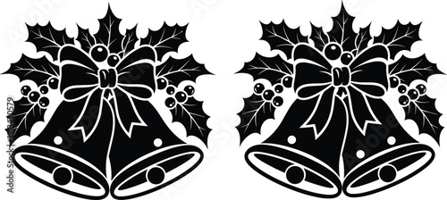 Christmas Bells and Holly Silhouette Icon Set, Traditional Holiday Decoration Vector Illustration Featuring Bow and Berries, Black and White Festive Element for Design.