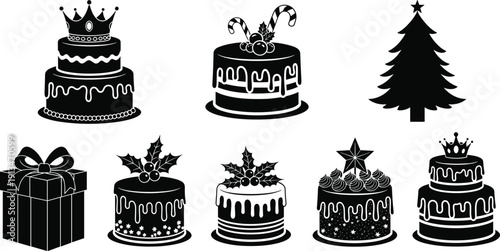 Christmas and holiday cakes set silhouette illustration, festive desserts, gift box and pine tree icons collection, black and white vector isolated design
