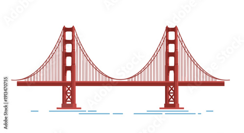 Golden Gate Bridge vector illustration with sea water. Flat design of San Francisco landmark over the bay. California travel attraction and famous architecture structure art.