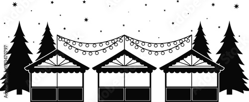 Christmas market stalls with festive lights and pine trees silhouette, winter holiday village black and white vector illustration for seasonal decorations, celebrations