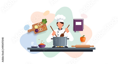 Chef cooking food in a pot with ingredients and kitchen utensils on a table
