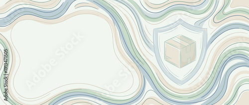 Panoramic vector banner illustration of shipping insurance concept featuring a cardboard box inside a protective shield on an abstract wavy background with copy space for logistics and delivery.