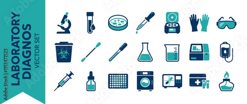 Comprehensive Vector Icon Set of 20 Laboratory Diagnostics and Sample Handling Tools in Duotone Style. Features Microscope, Test Tube, Petri Dish, Pipette, Centrifuge, Biohazard Bin, and Syringe.