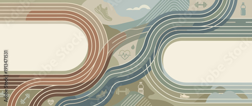 Abstract Panoramic Fitness Banner Illustration with Running Track Lines and Subtle Sports Icons for Gym Motivation, Health and Wellness Concept, Retro Muted Colors Minimalist Vector Background
