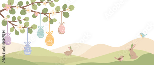 Panoramic Spring Easter Banner Illustration with Blossom Tree Branch, Hanging Decorated Eggs, Cute Rabbits, and Birds on Rolling Hills. Minimalist Pastel Background with Copy Space for Text.