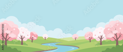 Spring Landscape Panoramic Vector Banner Illustration with Blooming Pink Cherry Blossom Sakura Trees, Lush Green Rolling Hills, Winding Blue River, and Clear Sky with Clouds and Copy Space.