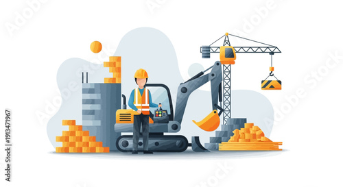 Construction worker with excavator and crane at a building site illustration