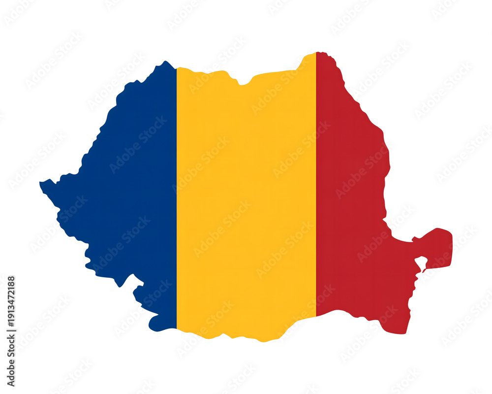 Fototapeta premium Romania map outline filled with the flag colors, showcasing national pride and cultural identity for travel and patriotic themes