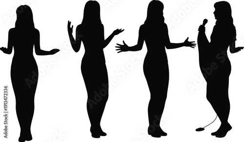 Collection, of, black, female, silhouettes, featuring, women, speakers, presenters, with, expressive, gestures, microphone, isolated, on, white, background, n, 