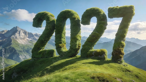Giant numbers 2027 made of lush green manicured grass and moss standing on a rolling green hill. Happy New Year, New Year