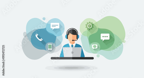 Customer service agent with headset and laptop surrounded by communication icons