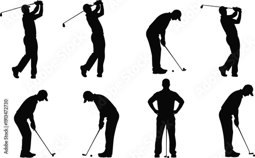 Set of golfer silhouette figures showing golf swing, putting, and stance positions illustrating sports action sequence isolated on white background for training design