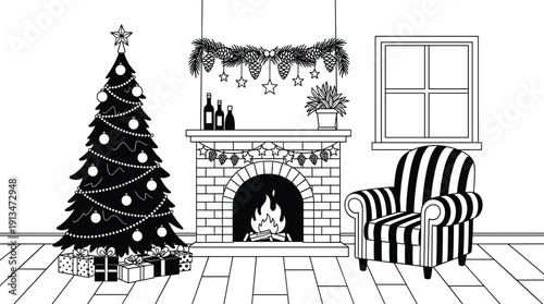 Cozy Christmas living room vector illustration featuring decorated tree, fireplace, presents, festive garlands, and holiday interior design elements