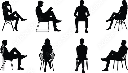 Set of male and female sitting silhouettes on chairs in different poses, black shadow people isolated on white background for modern design conceptsSet of 